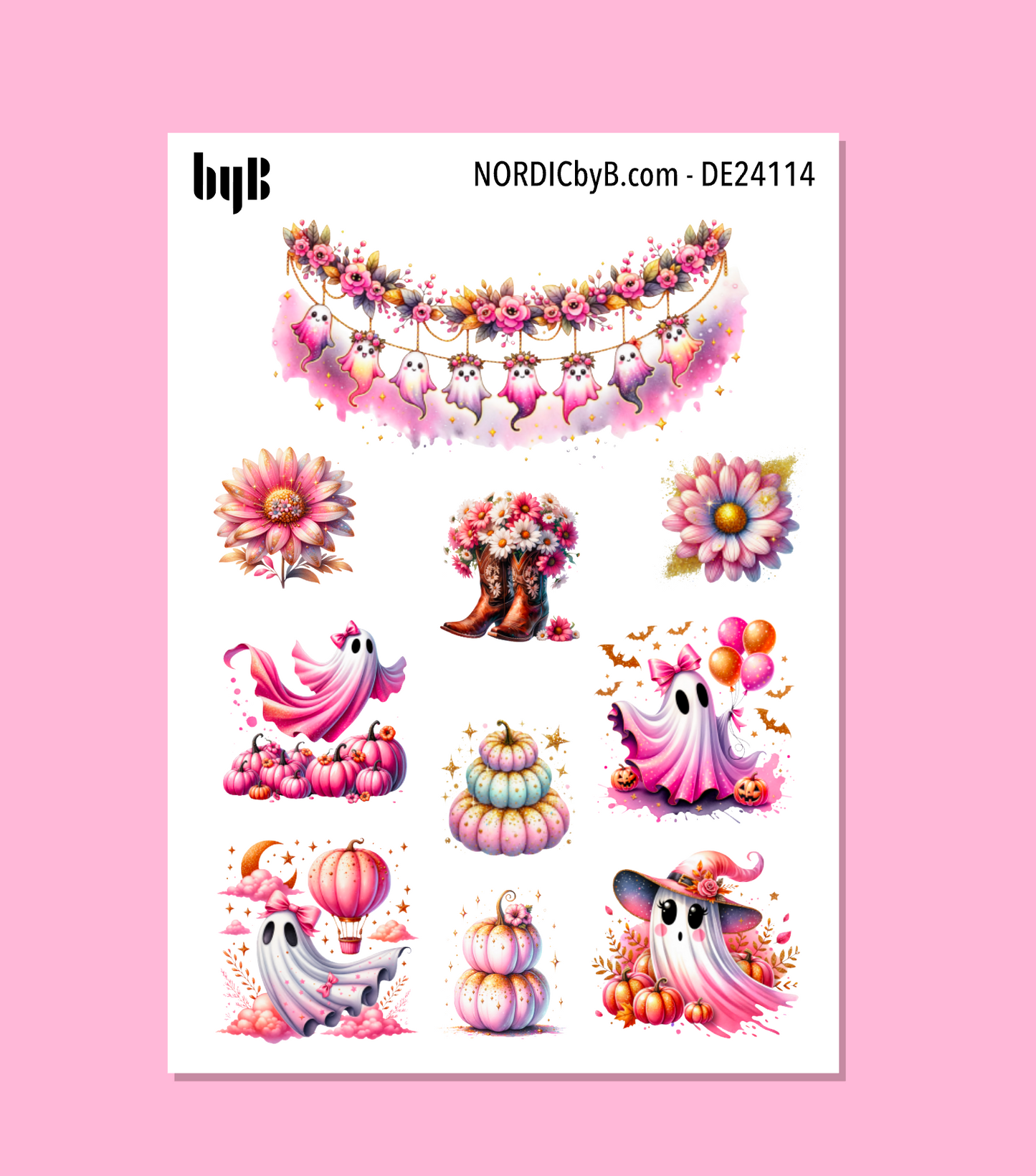Hot Pink Pumpkin & Cute Ghost Halloween Decor Sticker Sheet (vanlig/XS)