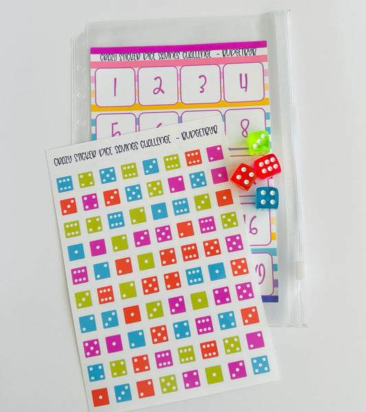 Crazy Sticker Dice Savings Challenge Weekly Cash Stuffing Zip Lock Mason Jars A6 A5 6 hole Binder Envelopes