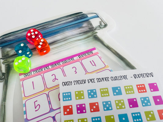 Crazy Sticker Dice Savings Challenge Weekly Cash Stuffing Zip Lock Mason Jars A6 A5 6 hole Binder Envelopes