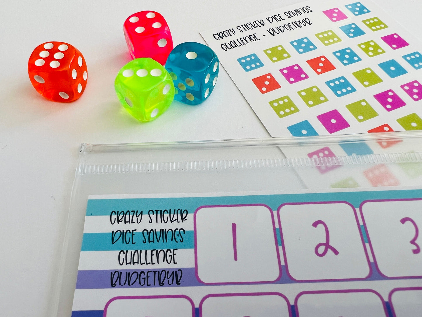 Crazy Sticker Dice Savings Challenge Weekly Cash Stuffing Zip Lock Mason Jars A6 A5 6 hole Binder Envelopes