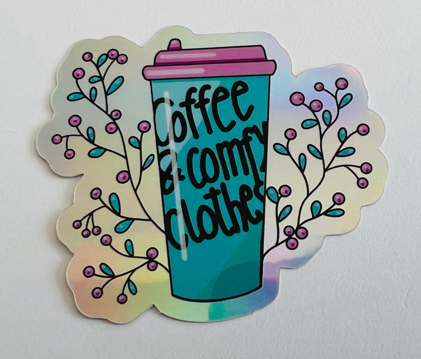Holografisk klistermerke COFFEE & COMFY CLOTHES