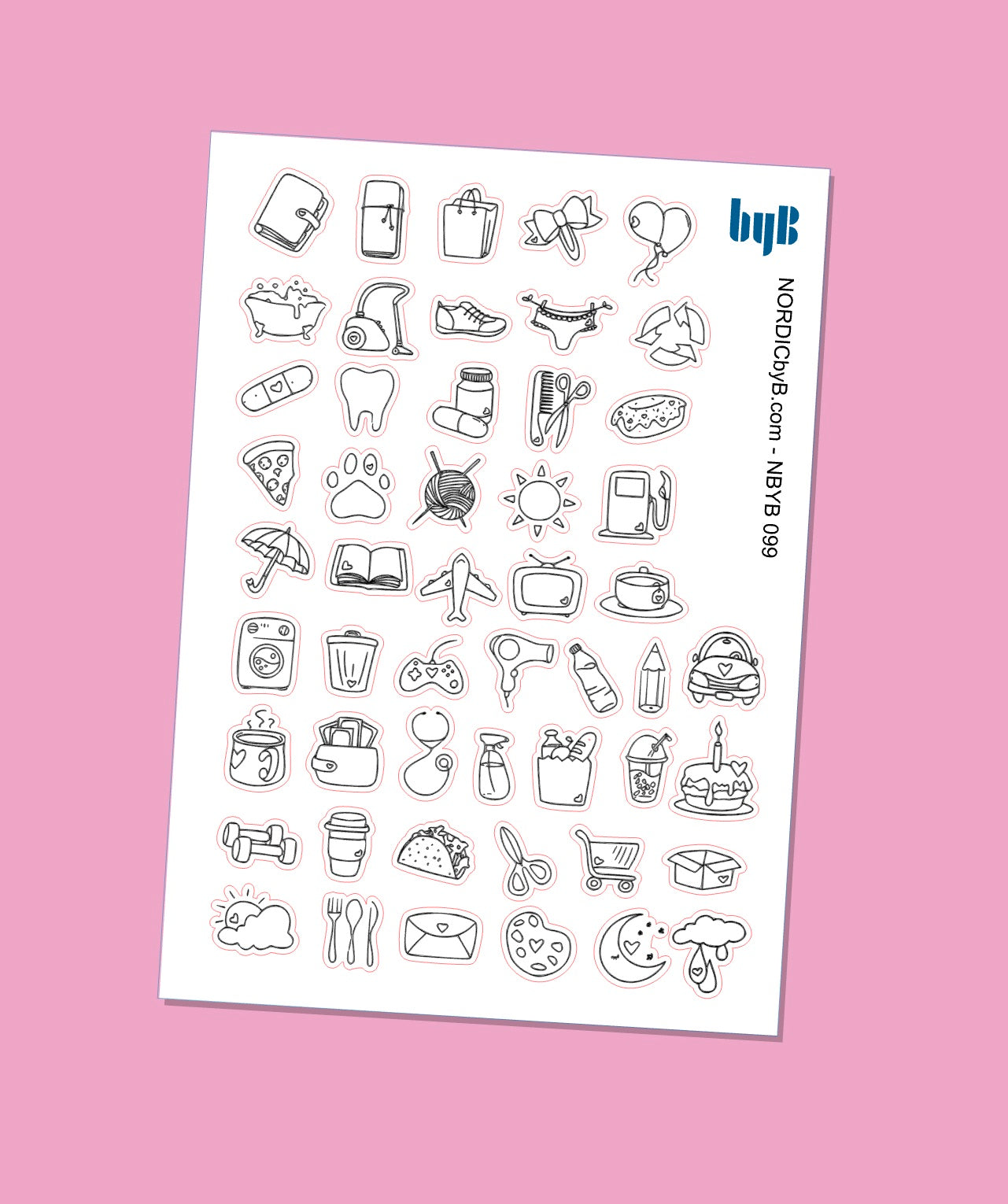 Mixed Doodle Icons Black Outline 50+ Sticker Sheet
