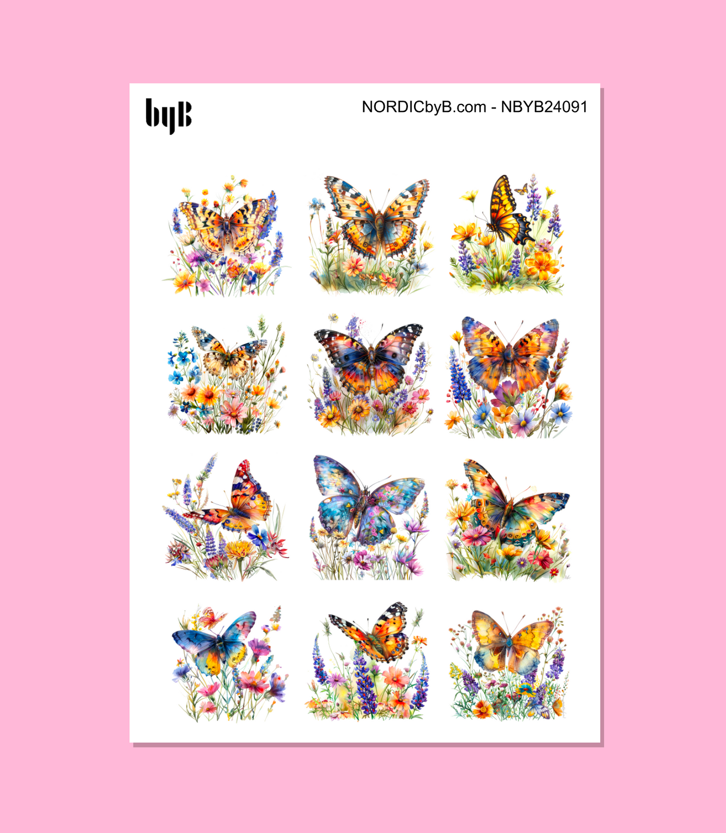 BUTTERFLIES 6 FLOWERS sticker sheet