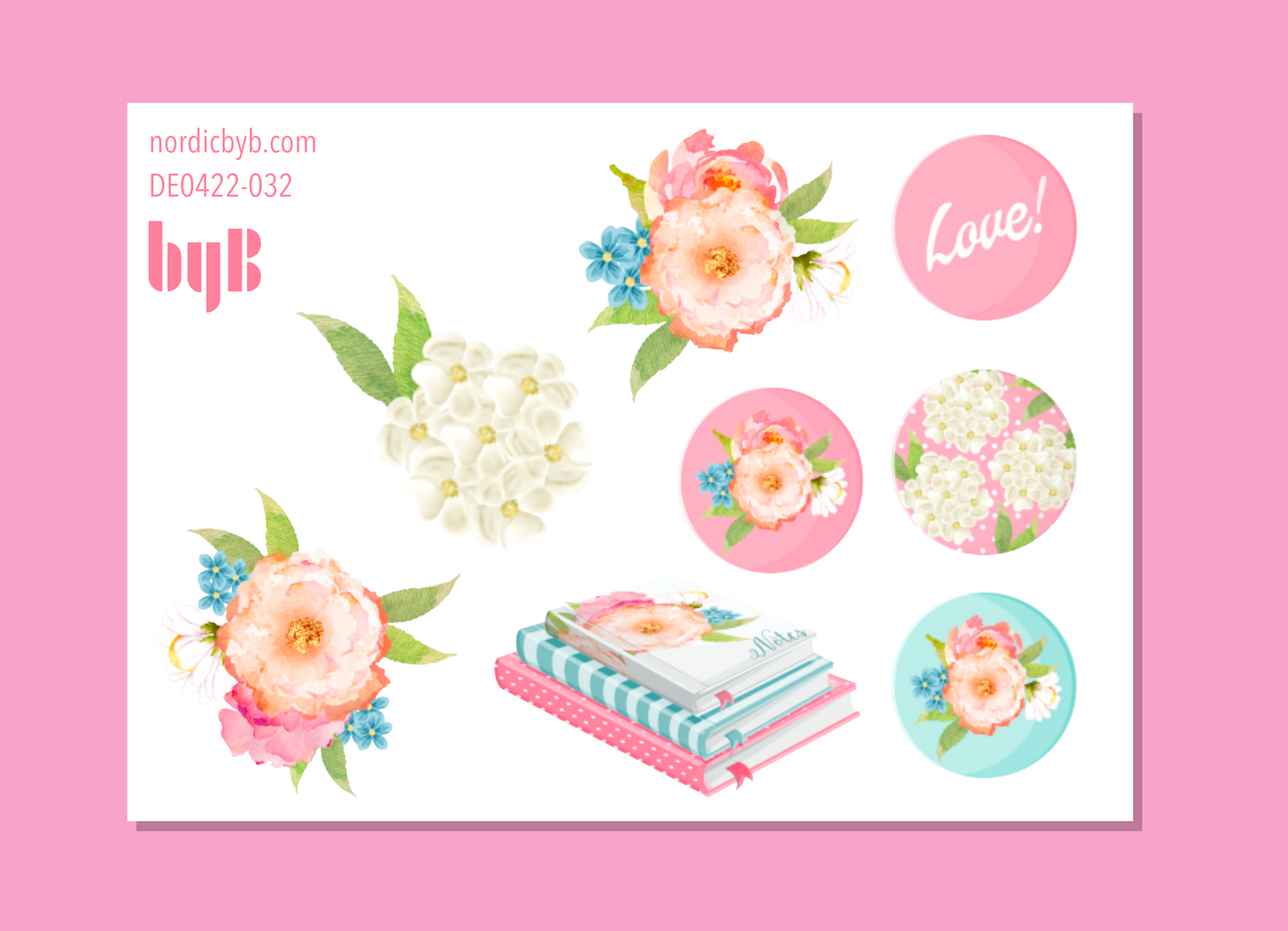 Pink Love Book Flowers Sticker Sheet