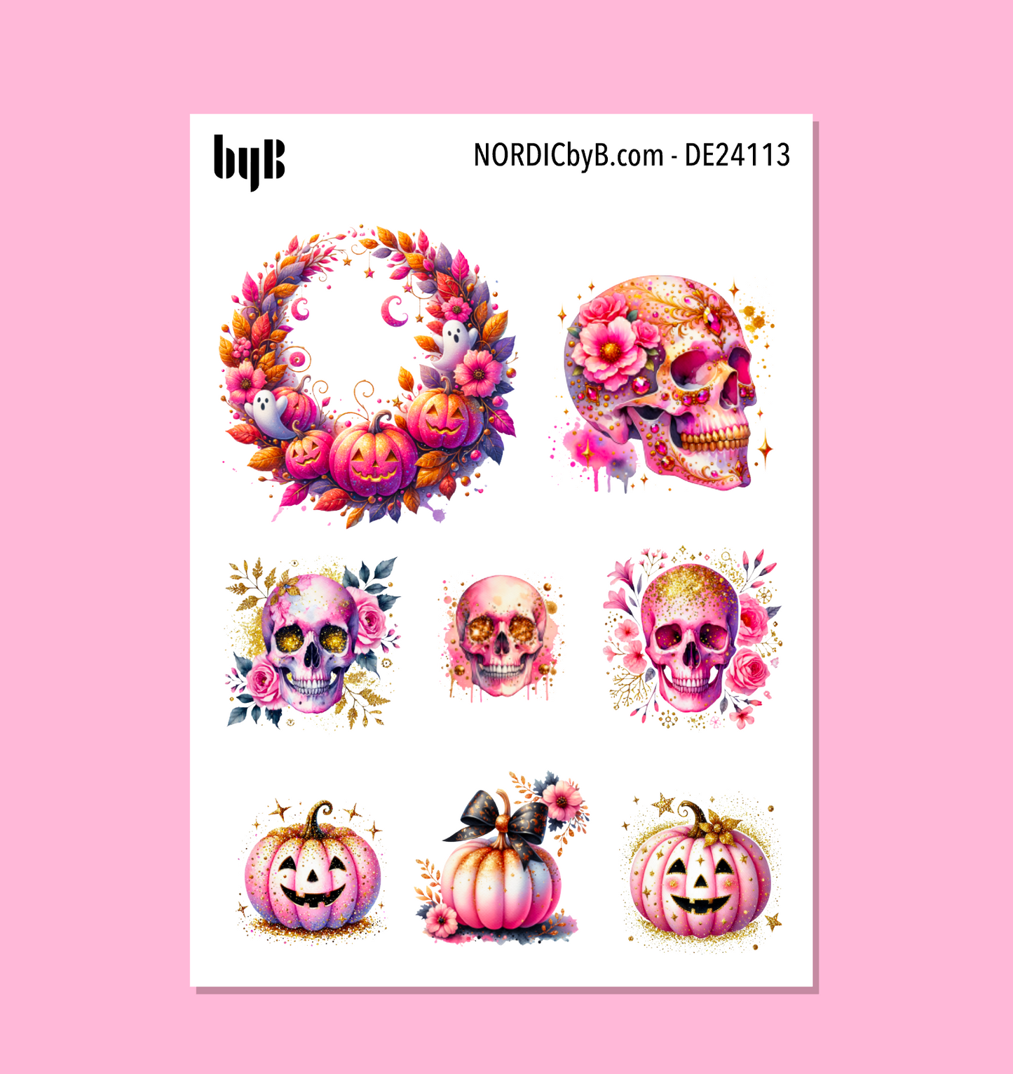 Hot Pink Pumpkin & Skull Halloween Sticker Sheet (vanlig/XS)