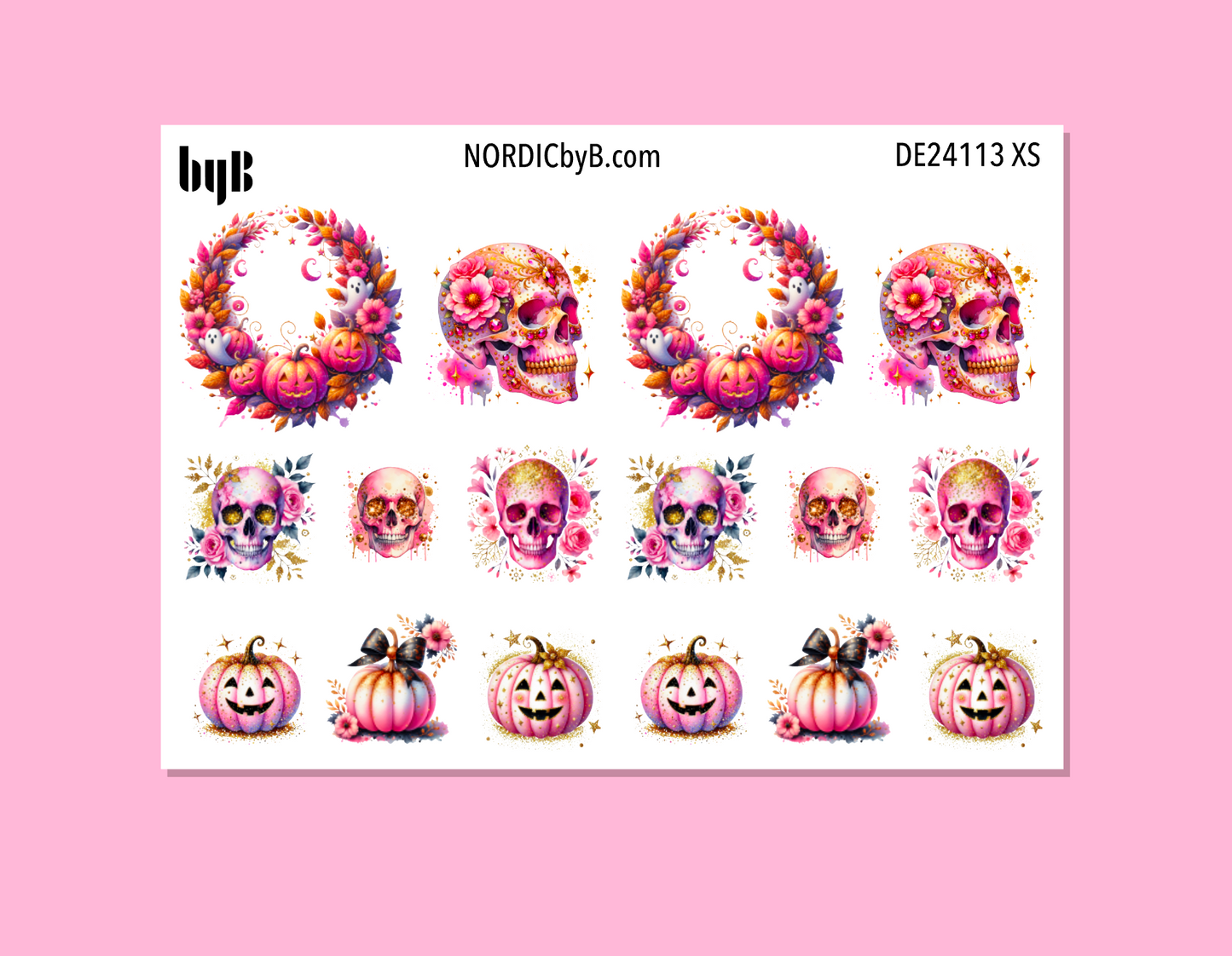 Hot Pink Pumpkin & Skull Halloween Sticker Sheet (vanlig/XS)