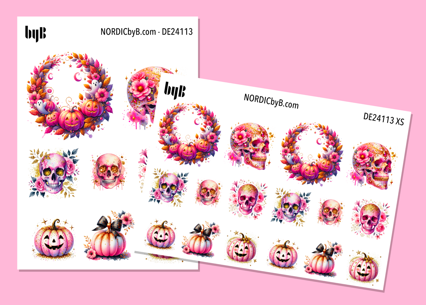 Hot Pink Pumpkin & Skull Halloween Sticker Sheet (vanlig/XS)